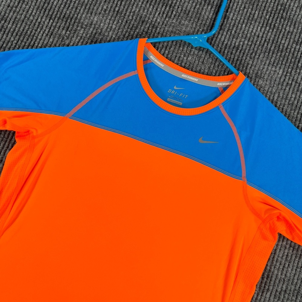 Nike Running Shirt Womens Medium Orange Blue Short Sleeve Dri Fit Workout Active